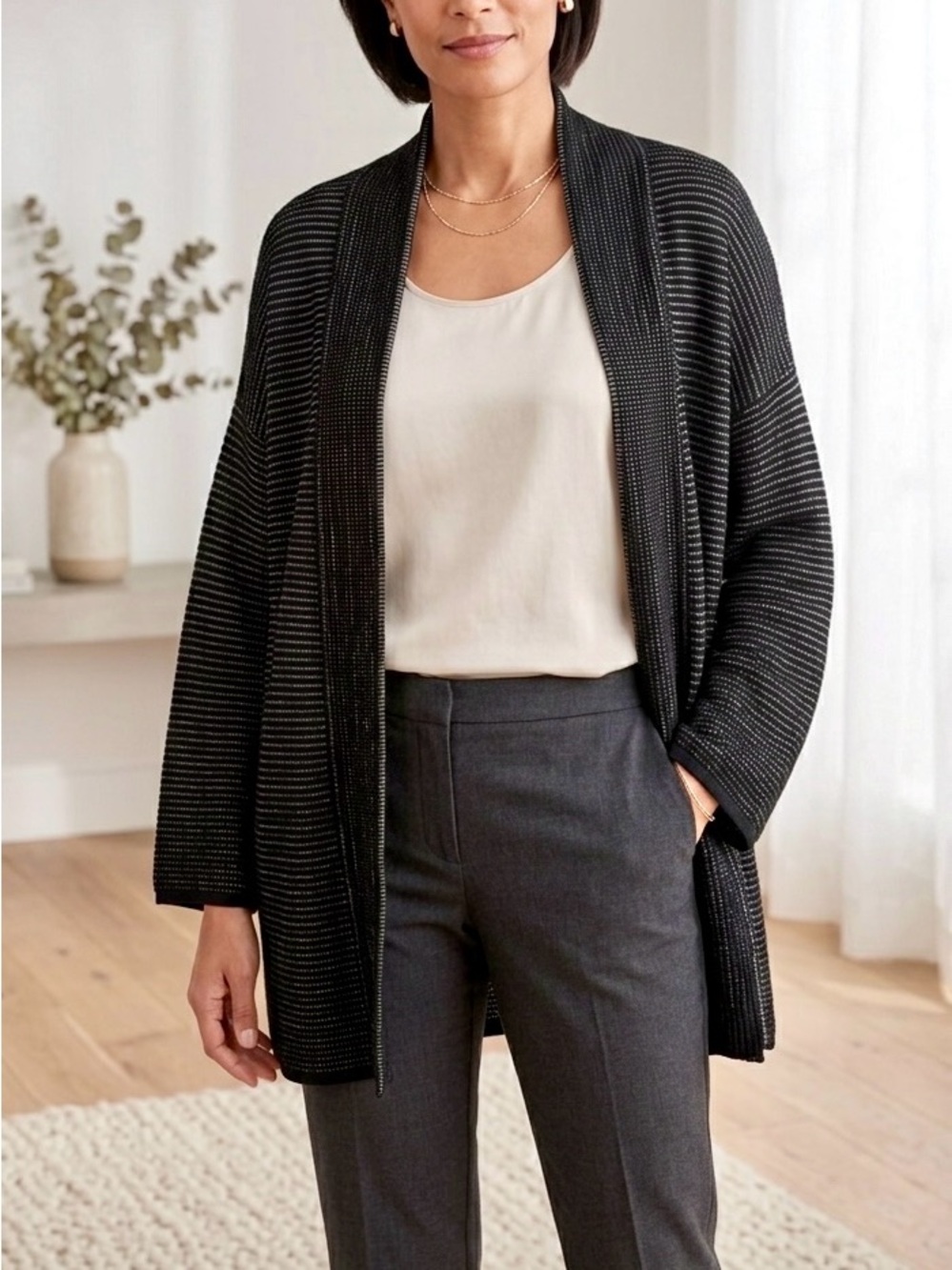 Eileen Fisher Silk Linen Cotton  Open-Front Black Metallic Thread Cardigan